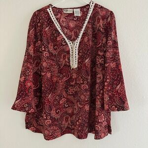 Faded Glory Paisley Blouse Womens 22/24 3X Burgundy Red Boho Crochet Lace